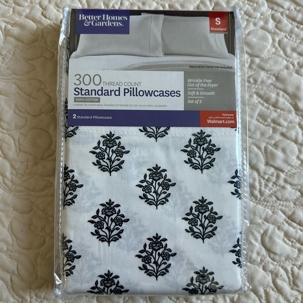 Better Homes Gardens Standard Pillowcases Floral White Black 300 TC‎ Set Of 2
